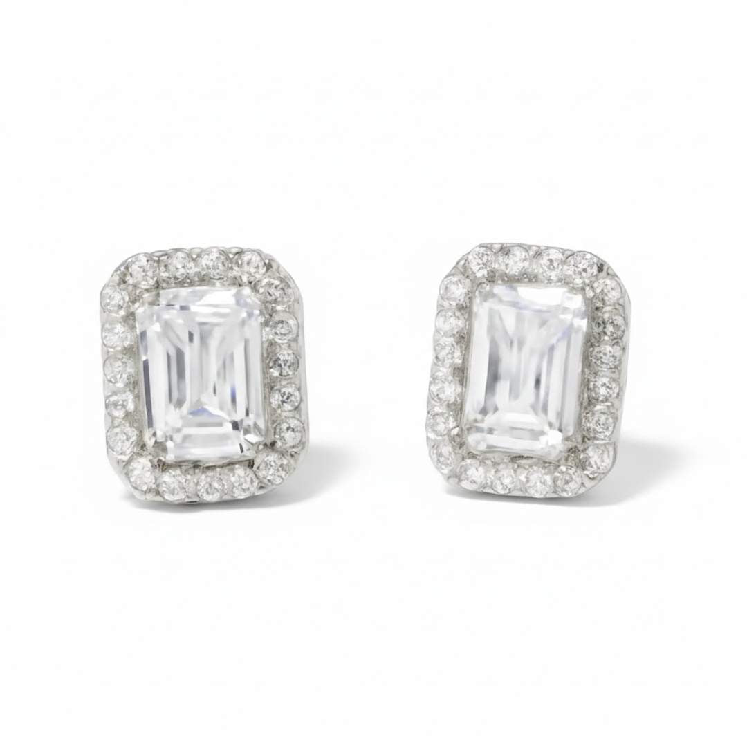 925 Sterling Silver Emerald-Cut Halo Stud Earrings for Women