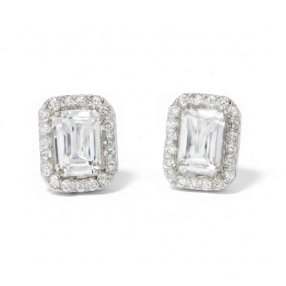 925 Sterling Silver Emerald-Cut Halo Stud Earrings for Women