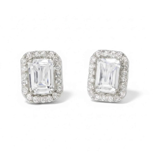 925 Sterling Silver Emerald-Cut Halo Stud Earrings for Women