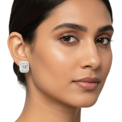 925 Sterling Silver Emerald-Cut Halo Stud Earrings for Women