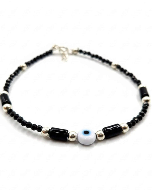 925 Sterling Silver Evil Eye Black Bead Anklet for Women