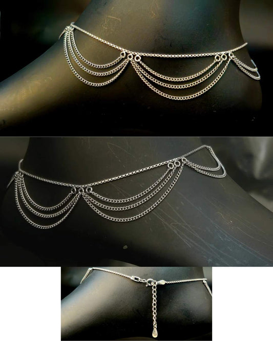 925 Sterling Silver Layered Draped Chain Anklet Women