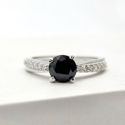 Black Gemstone Solitaire Ring With A Pave Band