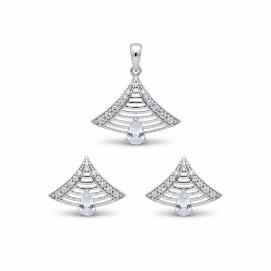 925 Sterling Silver Architectural Fan Pendant & Earrings Set Women