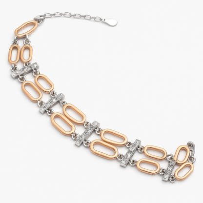 925 Sterling Silver Two-Tone Geometric Link Bracelet for Women | Pave