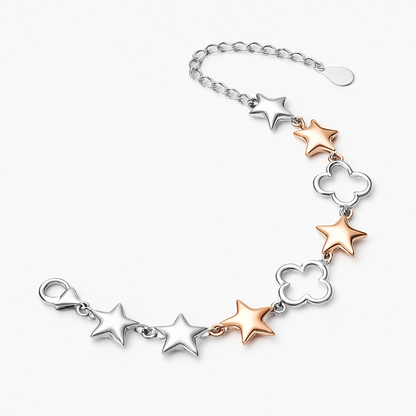 925 Sterling Silver Two-Tone Star & Clover Link Bracelet | Gift