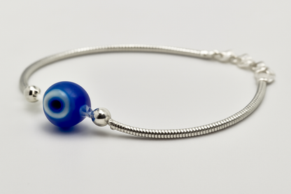 925 Sterling Silver Snake Chain Anklet with Blue Evil Eye Bead | Daily Wear & Gift