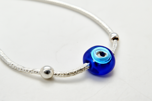 Sterling silver snake chain Anklet with a blue Evil eye bead