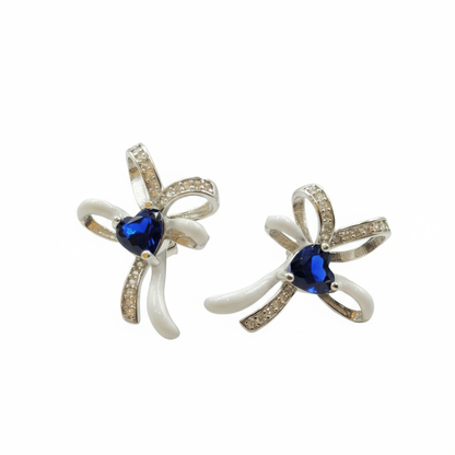 925 Sterling Silver Sapphire Heart Ribbon Stud Earrings for Women