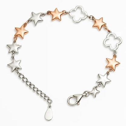 925 Sterling Silver Two-Tone Star & Clover Link Bracelet | Gift