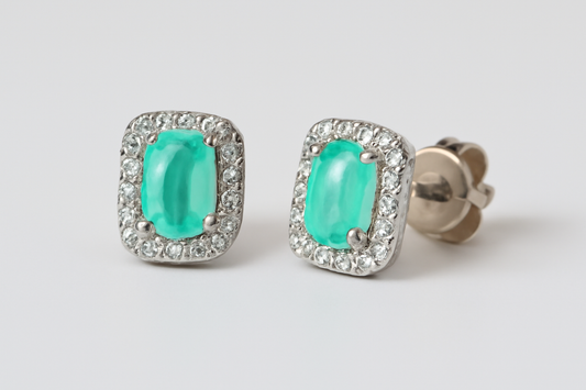 Aqua Gemstone Rectangular Halo Stud Earrings