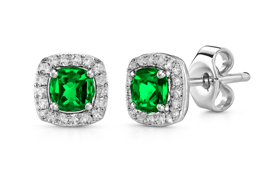 Green Gemstone Cushion Halo Stud Earrings