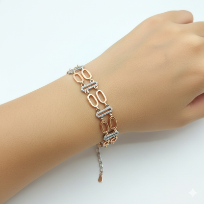 925 Sterling Silver Two-Tone Geometric Link Bracelet for Women | Pave
