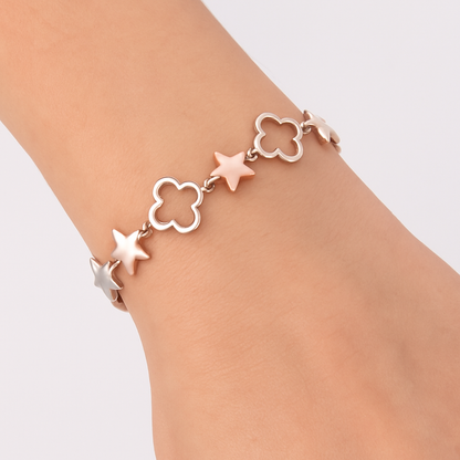 925 Sterling Silver Two-Tone Star & Clover Link Bracelet | Gift